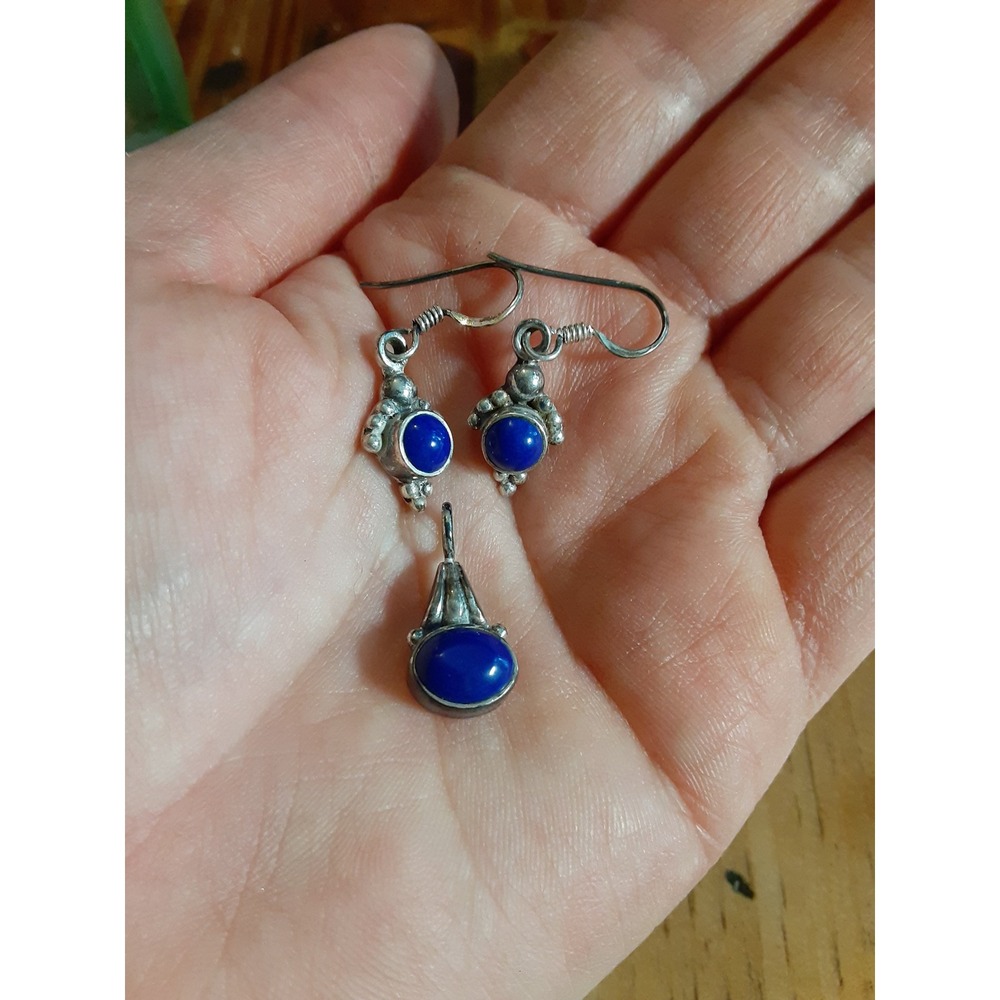 Vintage 925 Sterling Silver Lapis Lazuli Pendant and Earrings Jewelry Set Blue - Picture 5 of 10